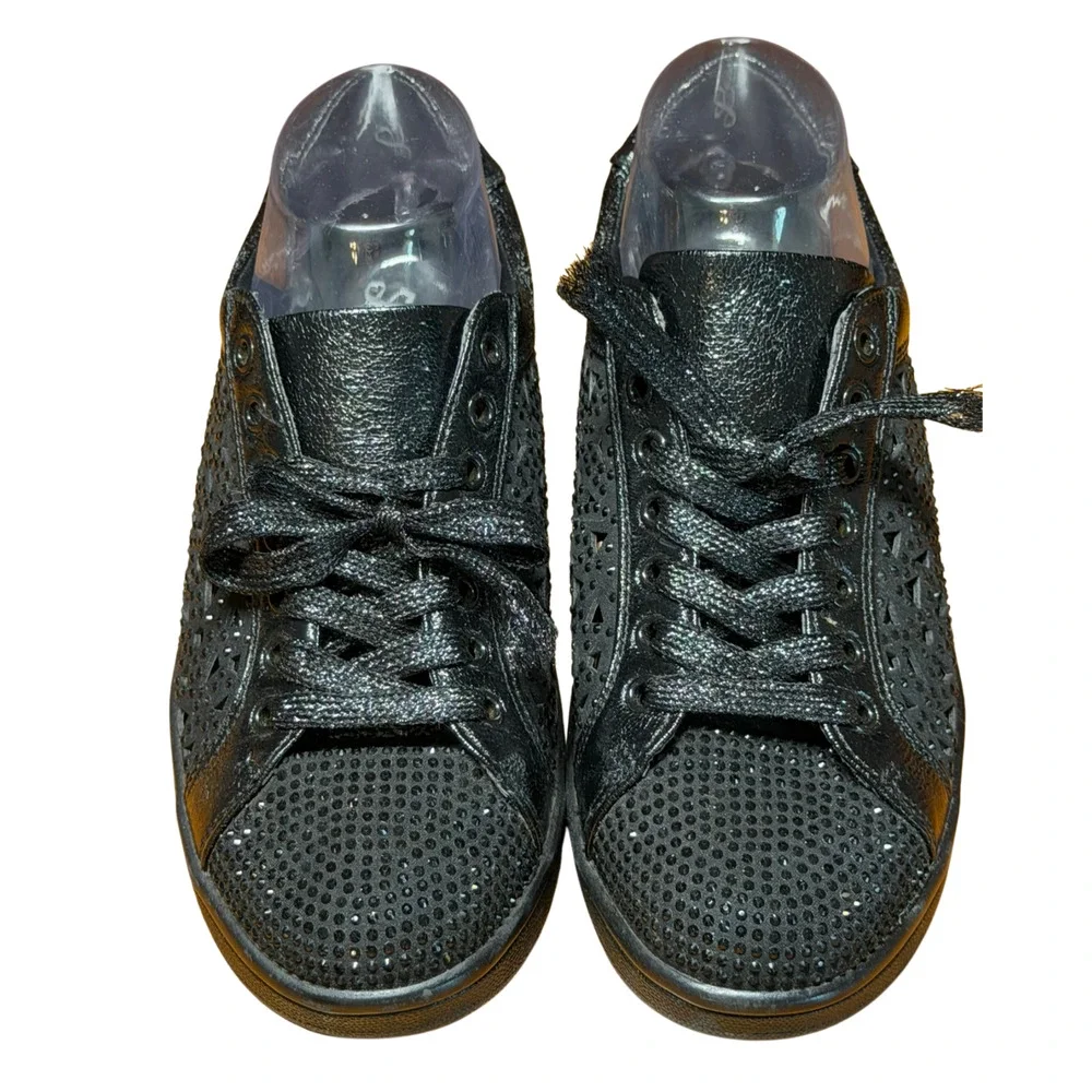 Lady Couture Sz 8.5 Paris Low-Top Sneakers Geometric Cut-Outs Rhinestones Black